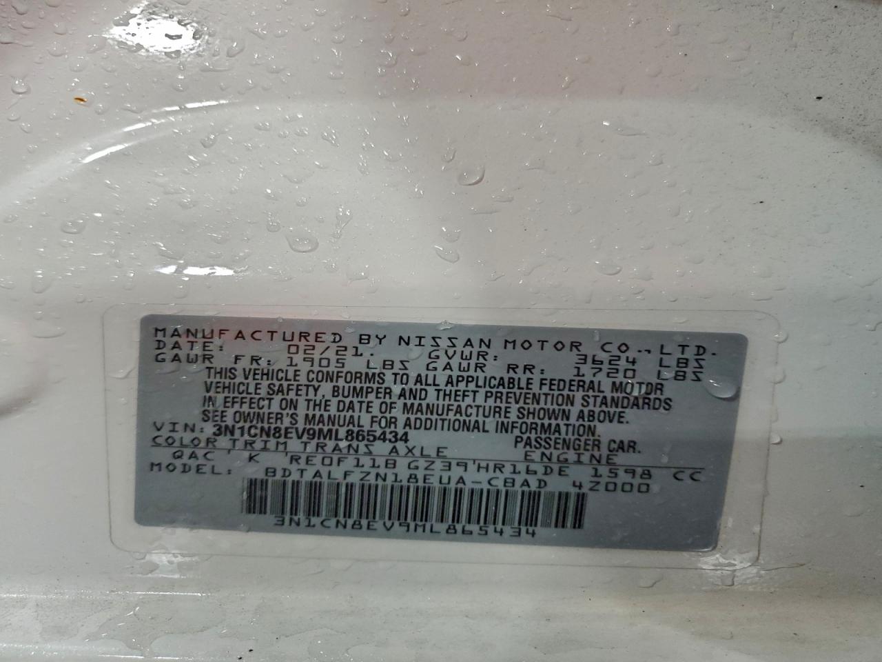 2021 Nissan Versa Sv VIN: 3N1CN8EV9ML865434 Lot: 94271115