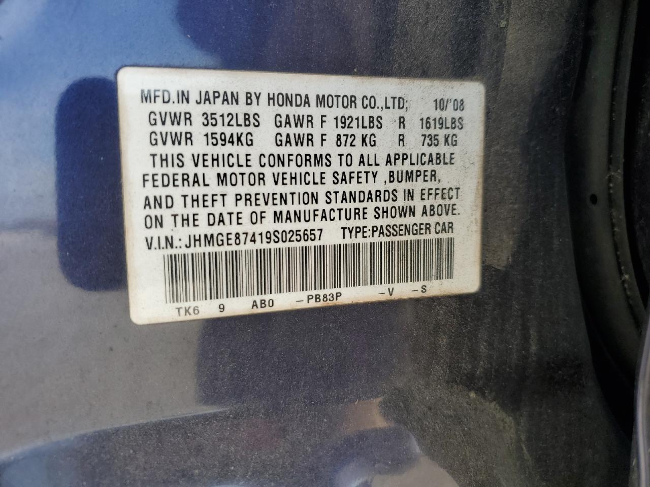 2009 Honda Fit Sport VIN: JHMGE87419S025657 Lot: 93558985