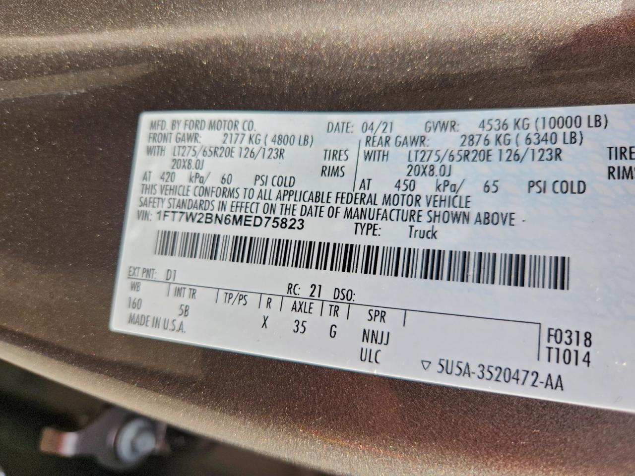 2021 Ford F250 Super Duty VIN: 1FT7W2BN6MED75823 Lot: 94044965