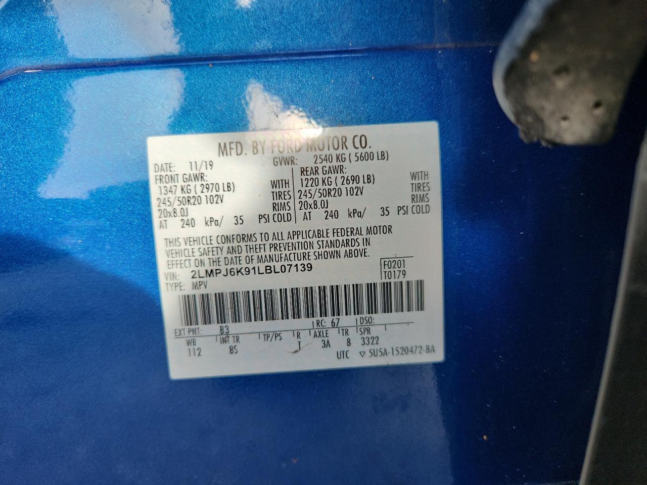 2020 Lincoln Nautilus Reserve VIN: 2LMPJ6K91LBL07139 Lot: 93350475