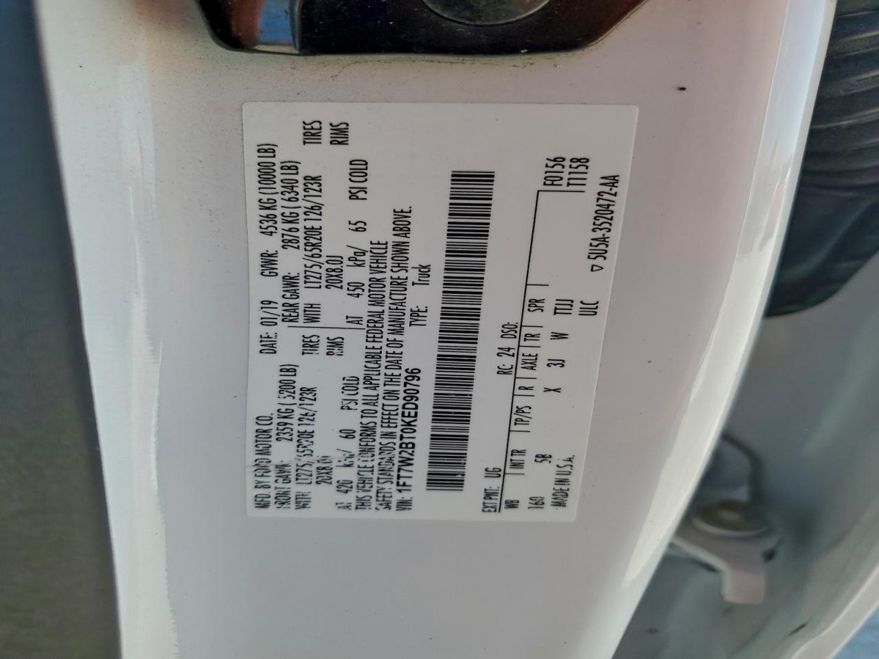 2019 Ford F250 Super Duty VIN: 1FT7W2BT0KED90796 Lot: 93668265