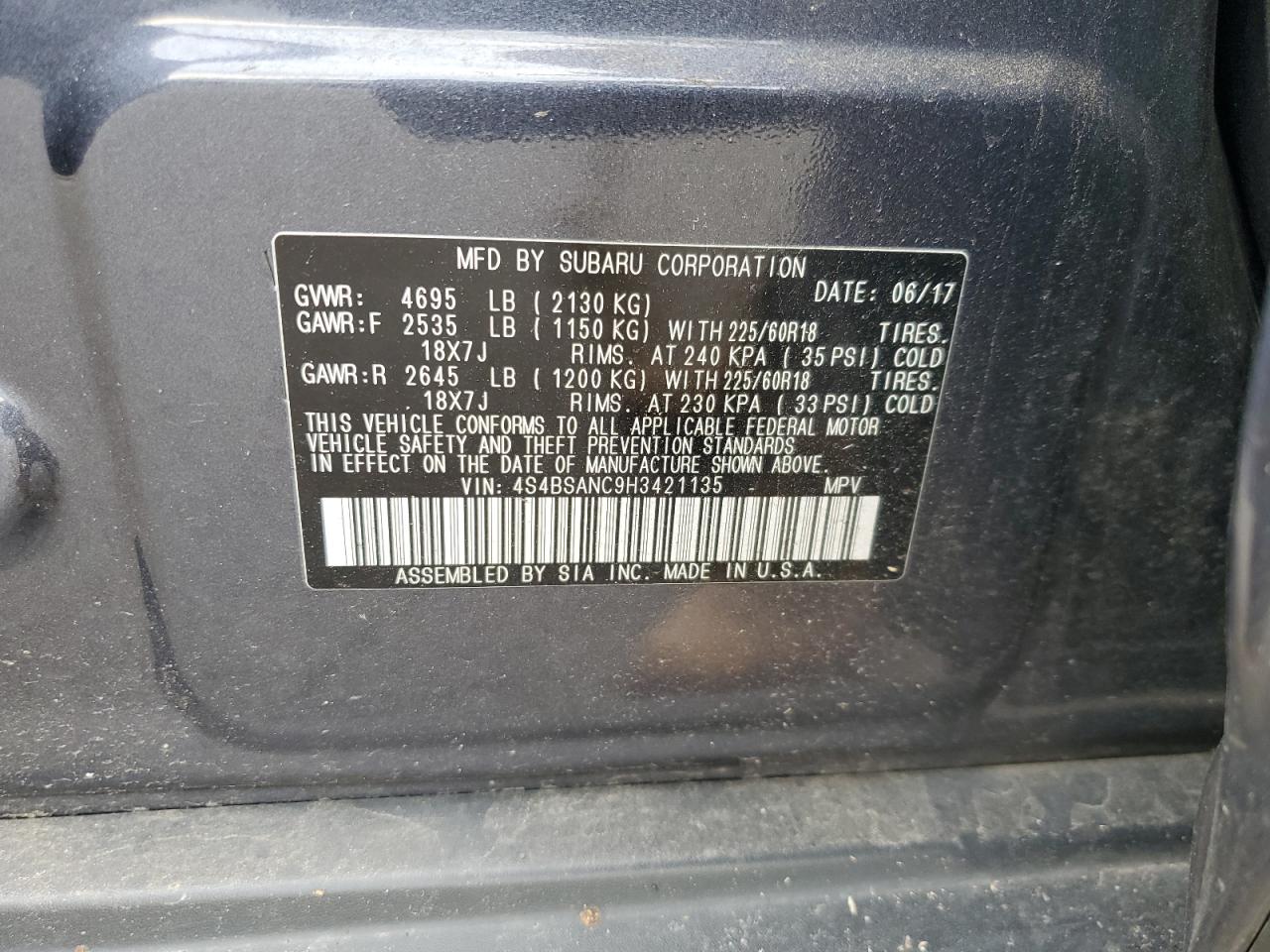 2017 Subaru Outback 2.5I Limited VIN: 4S4BSANC9H3421135 Lot: 91415085