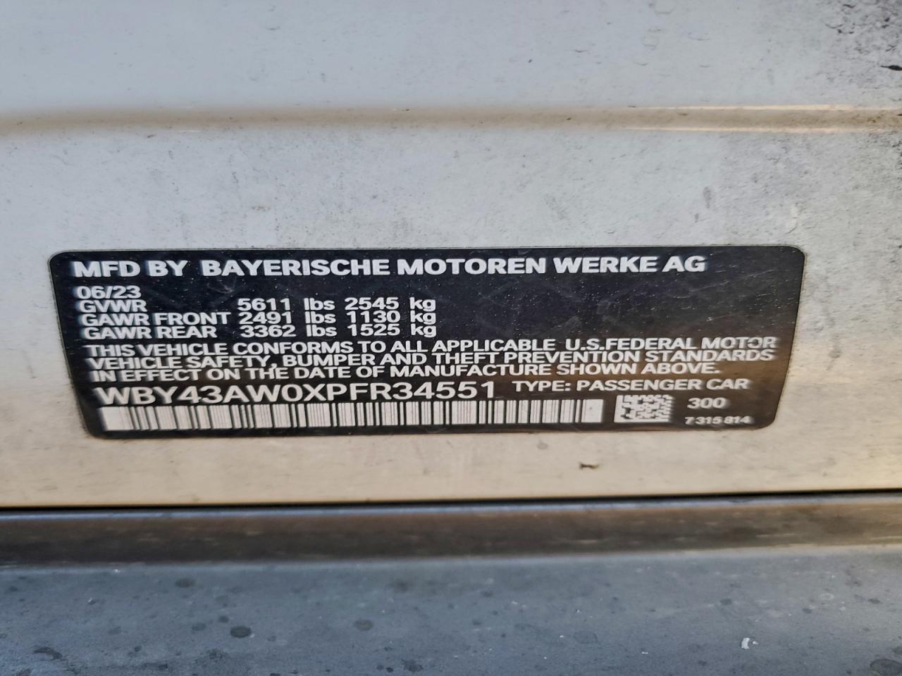 2023 BMW I4 Edrive 35 VIN: WBY43AW0XPFR34551 Lot: 94361595