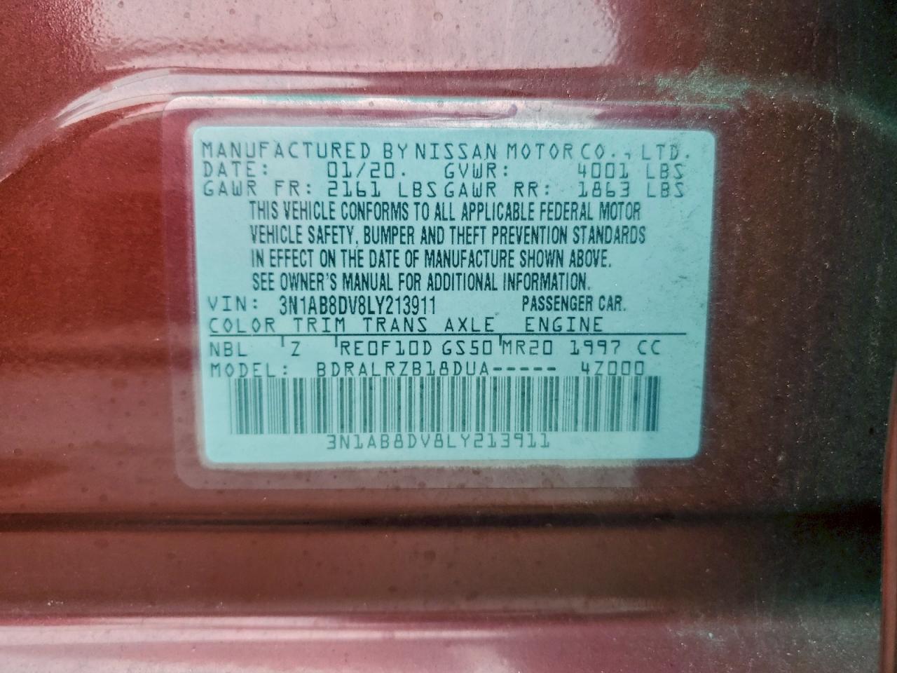 2020 Nissan Sentra Sr VIN: 3N1AB8DV8LY213911 Lot: 93498365