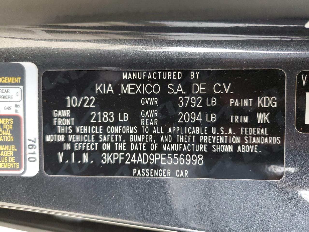 2023 Kia Forte Lx VIN: 3KPF24AD9PE556998 Lot: 92371035