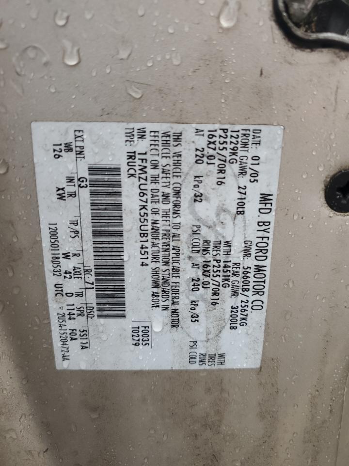 2005 Ford Explorer Sport Trac VIN: 1FMZU67K55UB14514 Lot: 93486705