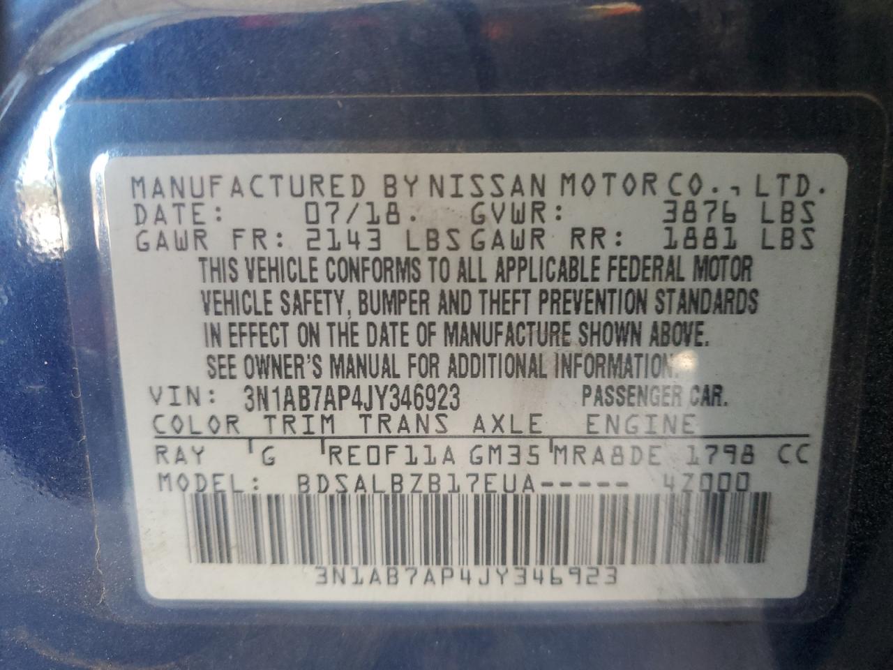 2018 Nissan Sentra S VIN: 3N1AB7AP4JY346923 Lot: 91722245