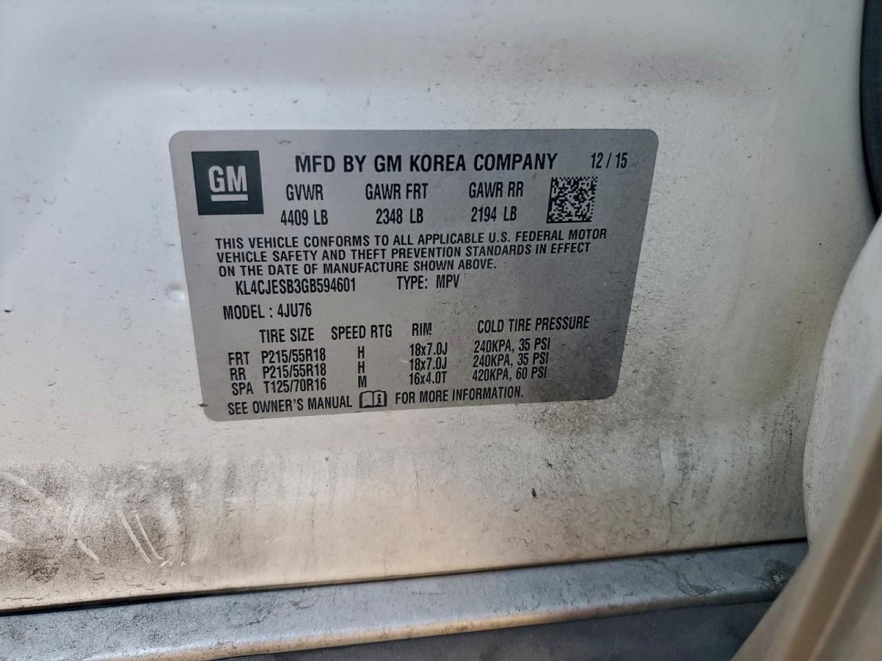 2016 Buick Encore VIN: KL4CJESB3GB594601 Lot: 94516155