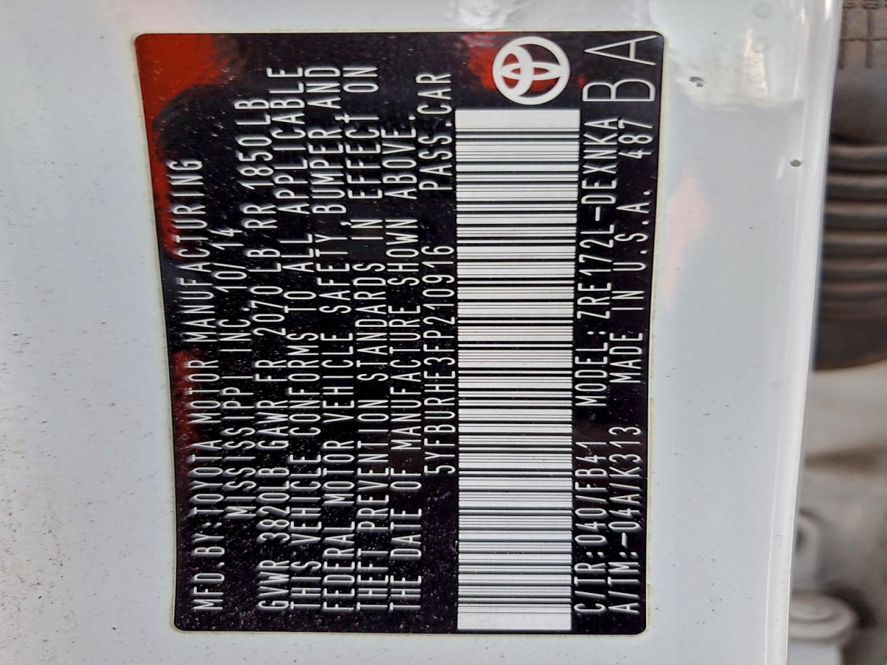 2015 Toyota Corolla L VIN: 5YFBURHE3FP210916 Lot: 94679925