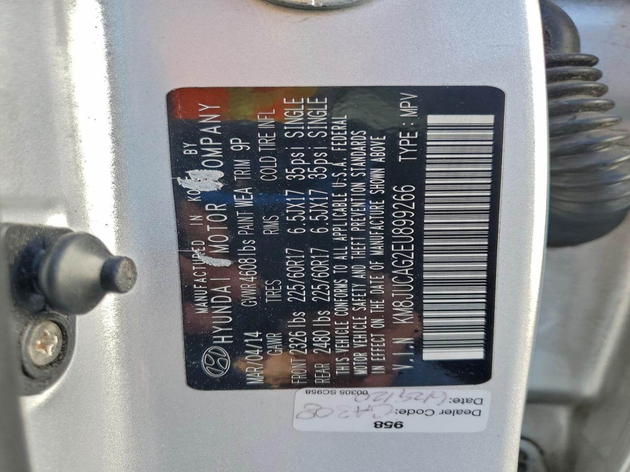 2014 Hyundai Tucson Gls VIN: KM8JUCAG2EU899266 Lot: 94582425