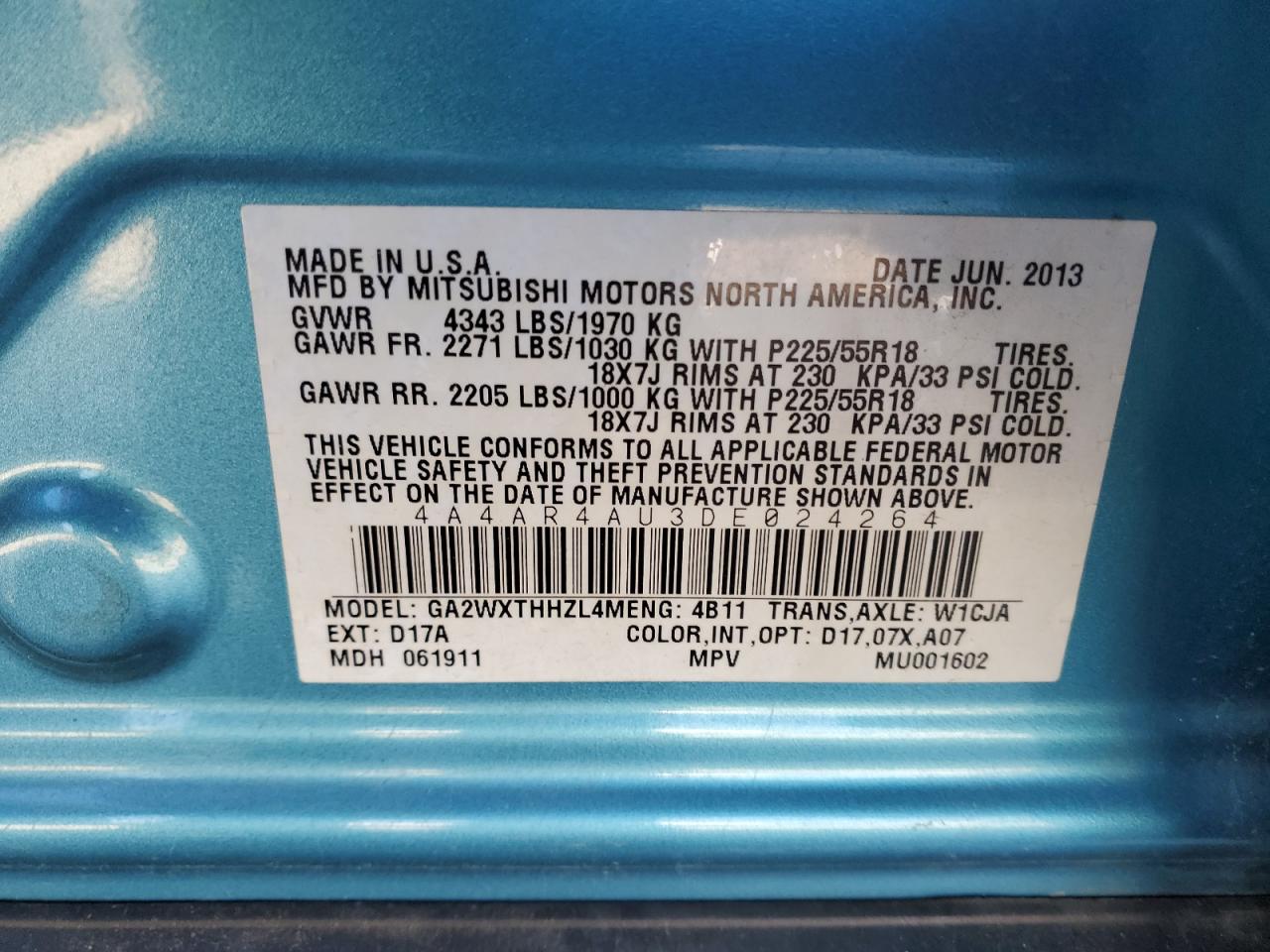 2013 Mitsubishi Outlander Sport Se VIN: 4A4AR4AU3DE024264 Lot: 91995705