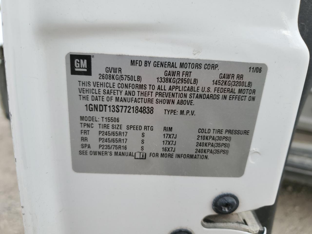 2007 Chevrolet Trailblazer Ls VIN: 1GNDT13S772184838 Lot: 92855175