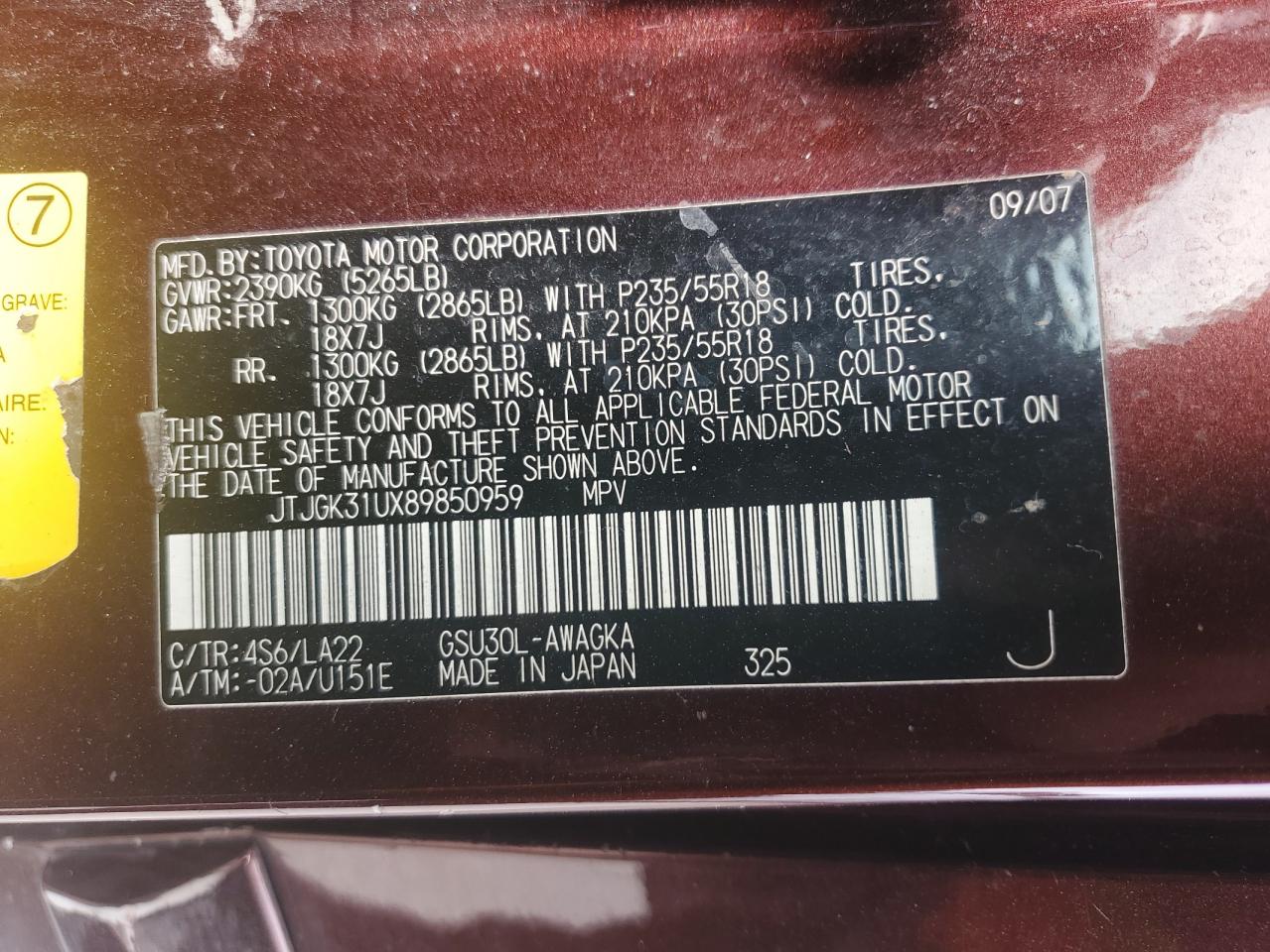 2008 Lexus Rx 350 VIN: JTJGK31UX89850959 Lot: 92347535