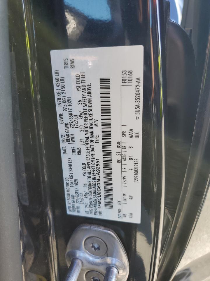 2021 Ford Escape Se VIN: 1FMCU0G63MUA92551 Lot: 92752485