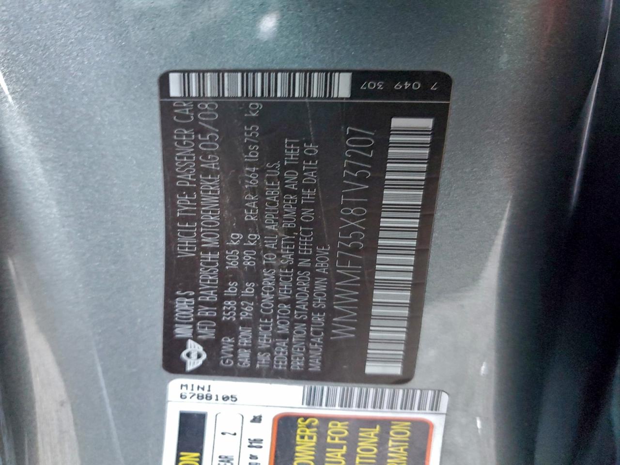 2008 Mini Cooper S VIN: WMWMF735X8TV37207 Lot: 93786745