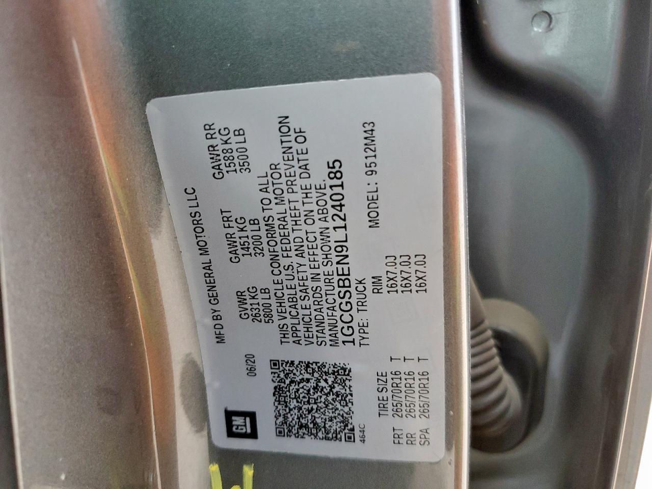 2020 Chevrolet Colorado VIN: 1GCGSBEN9L1240185 Lot: 93240245