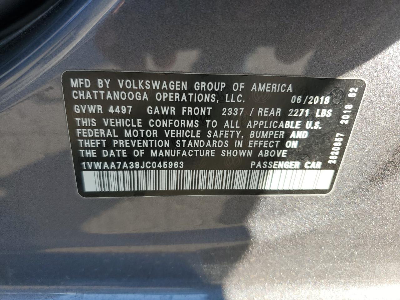 2018 Volkswagen Passat S VIN: 1VWAA7A38JC045963 Lot: 92058665