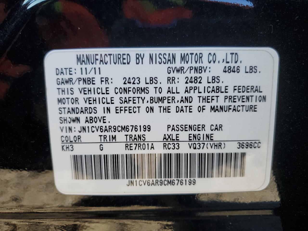 2012 Infiniti G37 VIN: JN1CV6AR9CM676199 Lot: 92804105