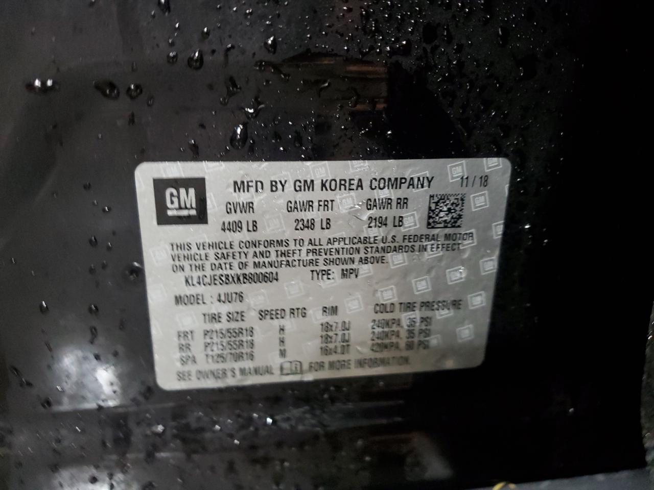 2019 Buick Encore Preferred VIN: KL4CJESBXKB800604 Lot: 92642305