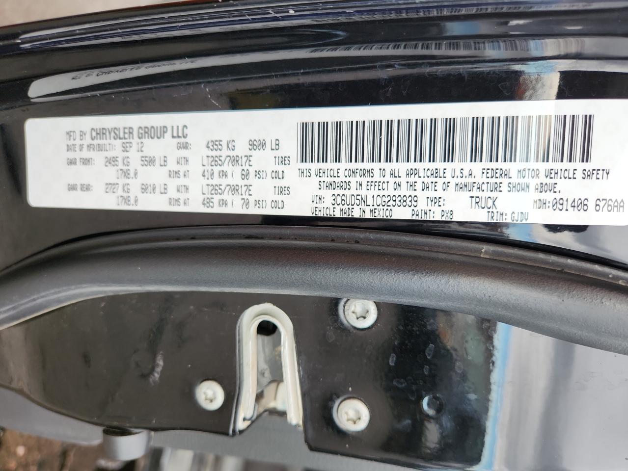 2012 Dodge Ram 2500 Laramie VIN: 3C6UD5NL1CG293839 Lot: 92320105