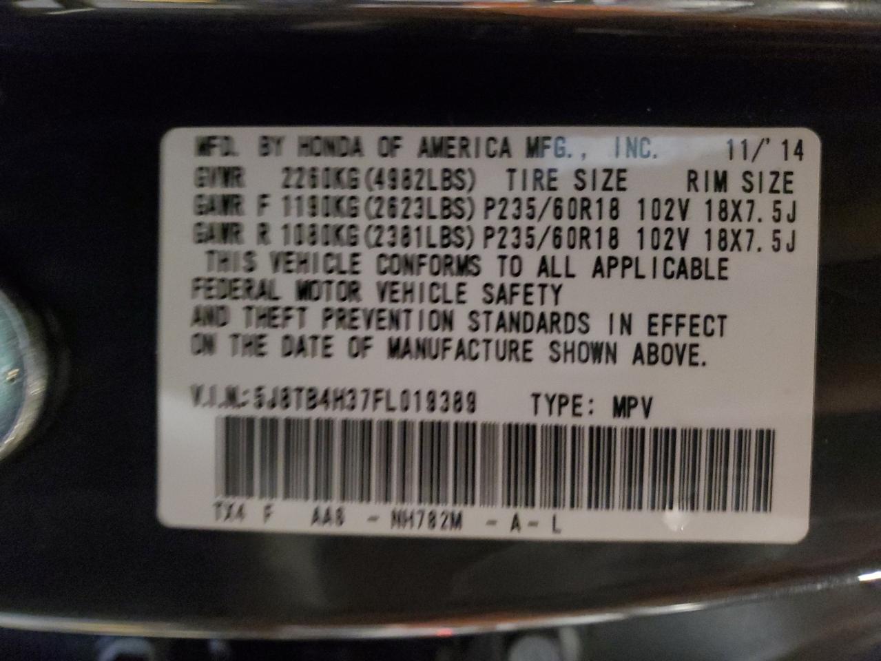 2015 Acura Rdx VIN: 5J8TB4H37FL019389 Lot: 93130765