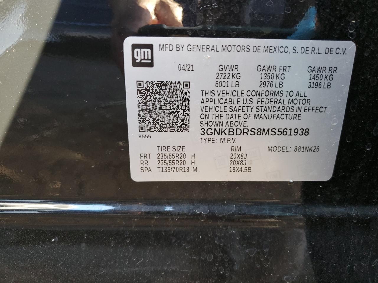 2021 Chevrolet Blazer 3Lt VIN: 3GNKBDRS8MS561938 Lot: 92437805