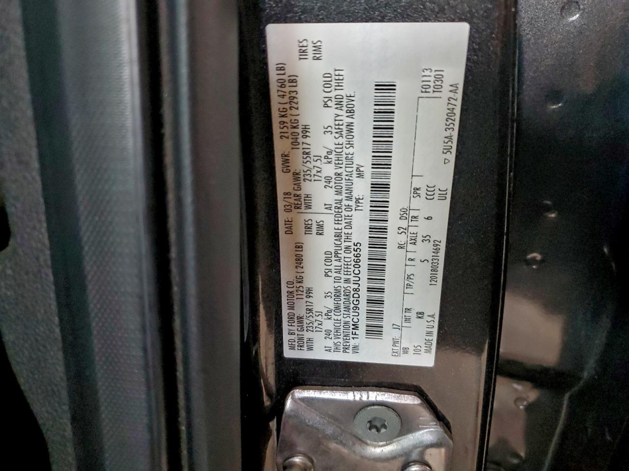 2018 Ford Escape Se VIN: 1FMCU9GD8JUC06655 Lot: 94483645