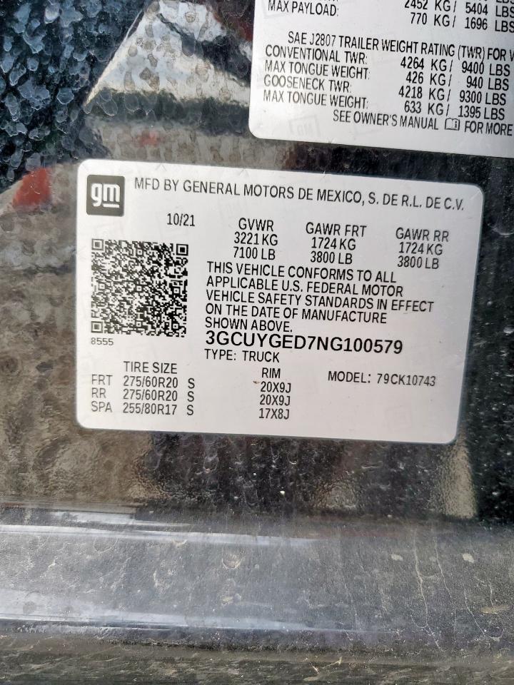 2022 Chevrolet Silverado Ltd K1500 Ltz VIN: 3GCUYGED7NG100579 Lot: 93368385