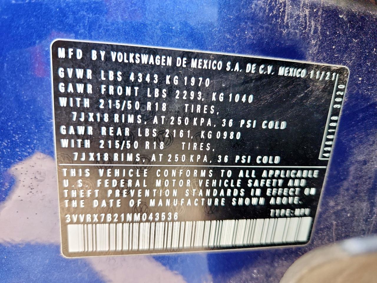 2022 Volkswagen Taos Se VIN: 3VVRX7B21NM043536 Lot: 93145365