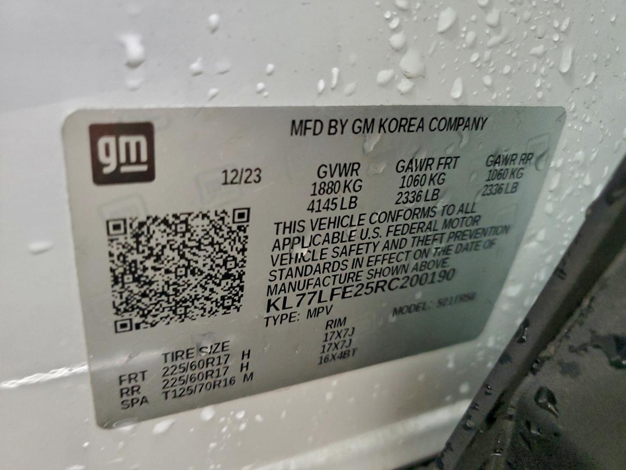 2024 Chevrolet Trax Ls VIN: KL77LFE25RC200190 Lot: 94095135