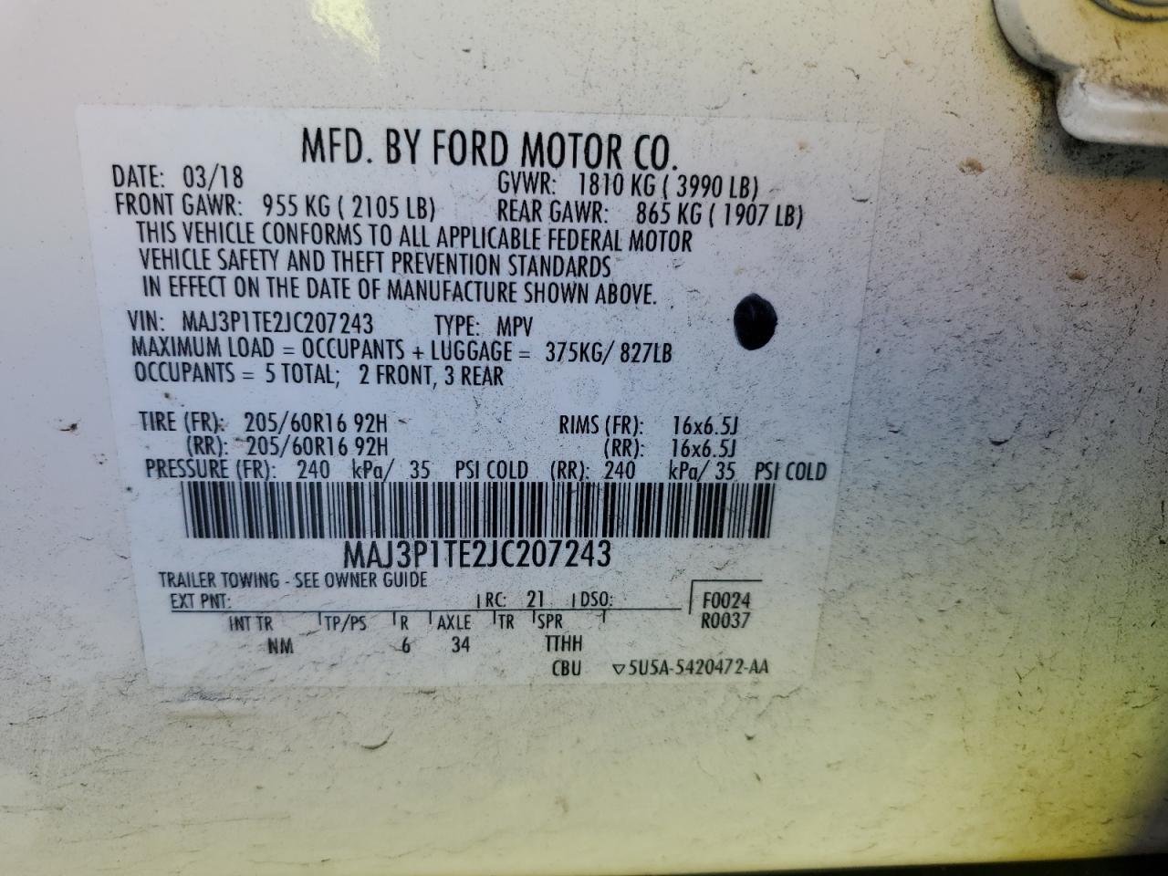 2018 Ford Ecosport Se VIN: MAJ3P1TE2JC207243 Lot: 93088215