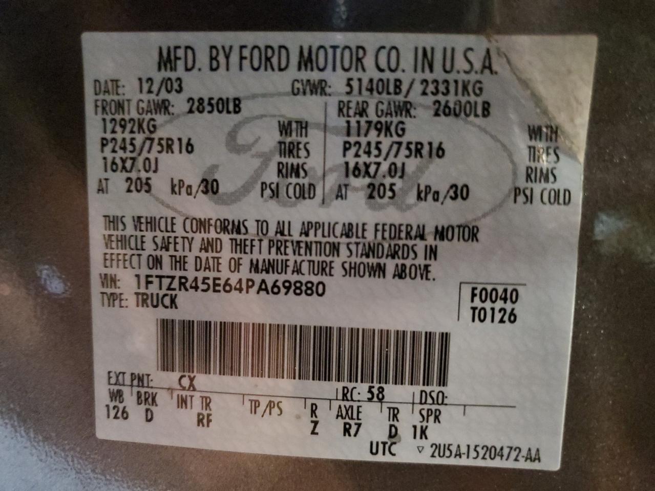 2004 Ford Ranger Super Cab VIN: 1FTZR45E64PA69880 Lot: 92413065