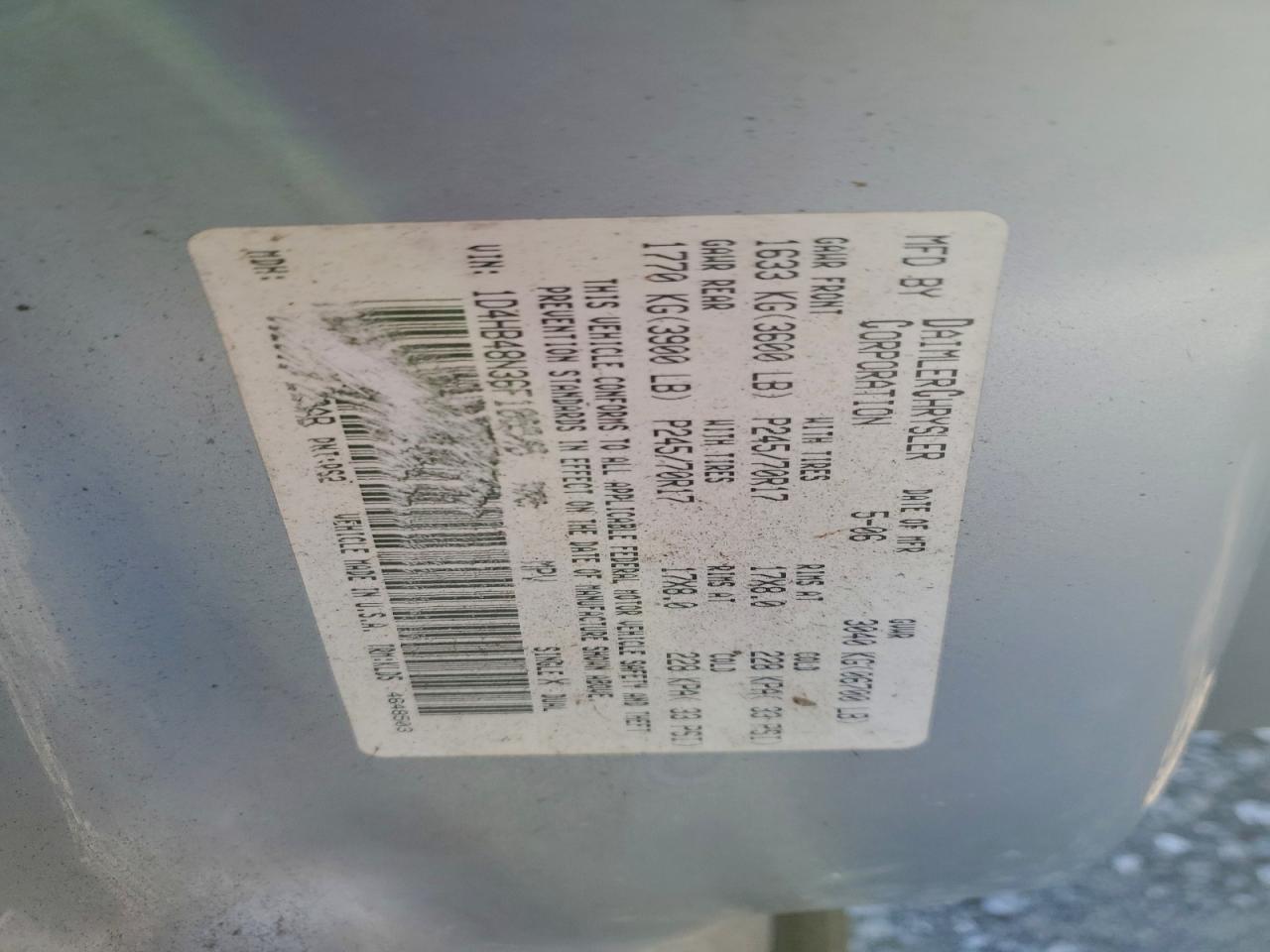 2006 Dodge Durango Slt VIN: 1D4HB48N36F185545 Lot: 93748925