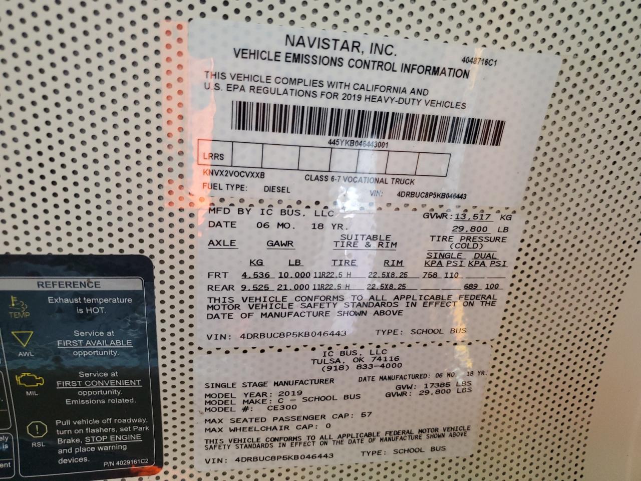 2019 Ic Corporation Ce Series School - School Bus VIN: 4DRBUC8P5KB046443 Lot: 84647435