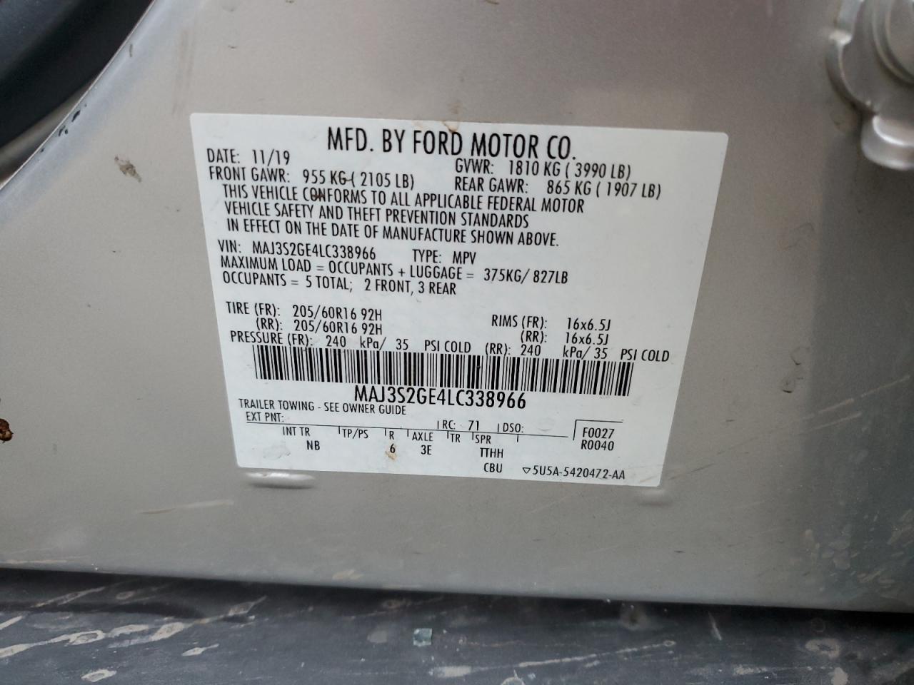 2020 Ford Ecosport Se VIN: MAJ3S2GE4LC338966 Lot: 93952875