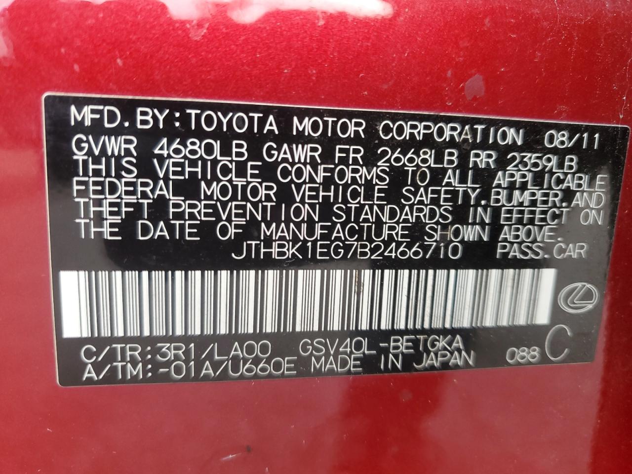 2011 Lexus Es 350 VIN: JTHBK1EG7B2466710 Lot: 93033895