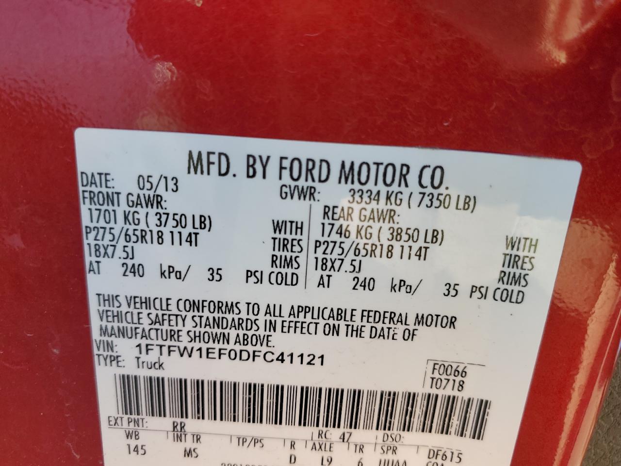 2013 Ford F150 Supercrew VIN: 1FTFW1EF0DFC41121 Lot: 93095965