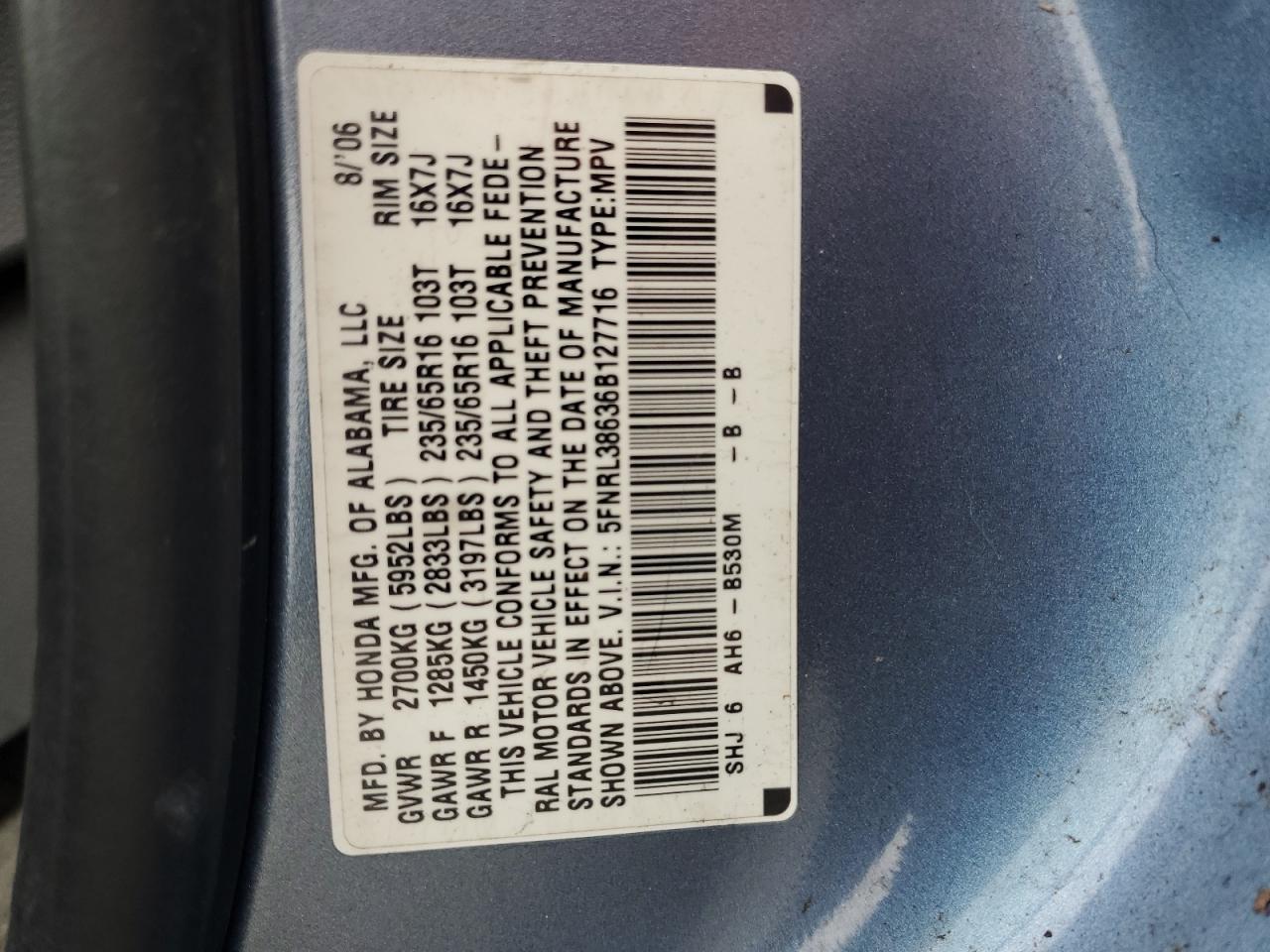 2006 Honda Odyssey Exl VIN: 5FNRL38636B127716 Lot: 91701655