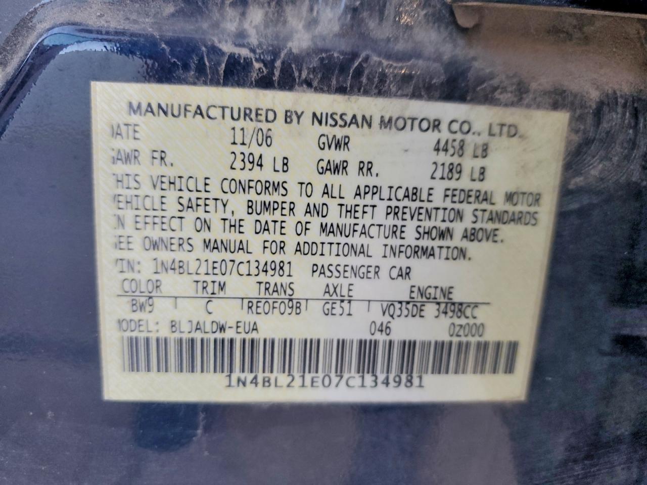 2007 Nissan Altima 3.5Se VIN: 1N4BL21E07C134981 Lot: 94391525