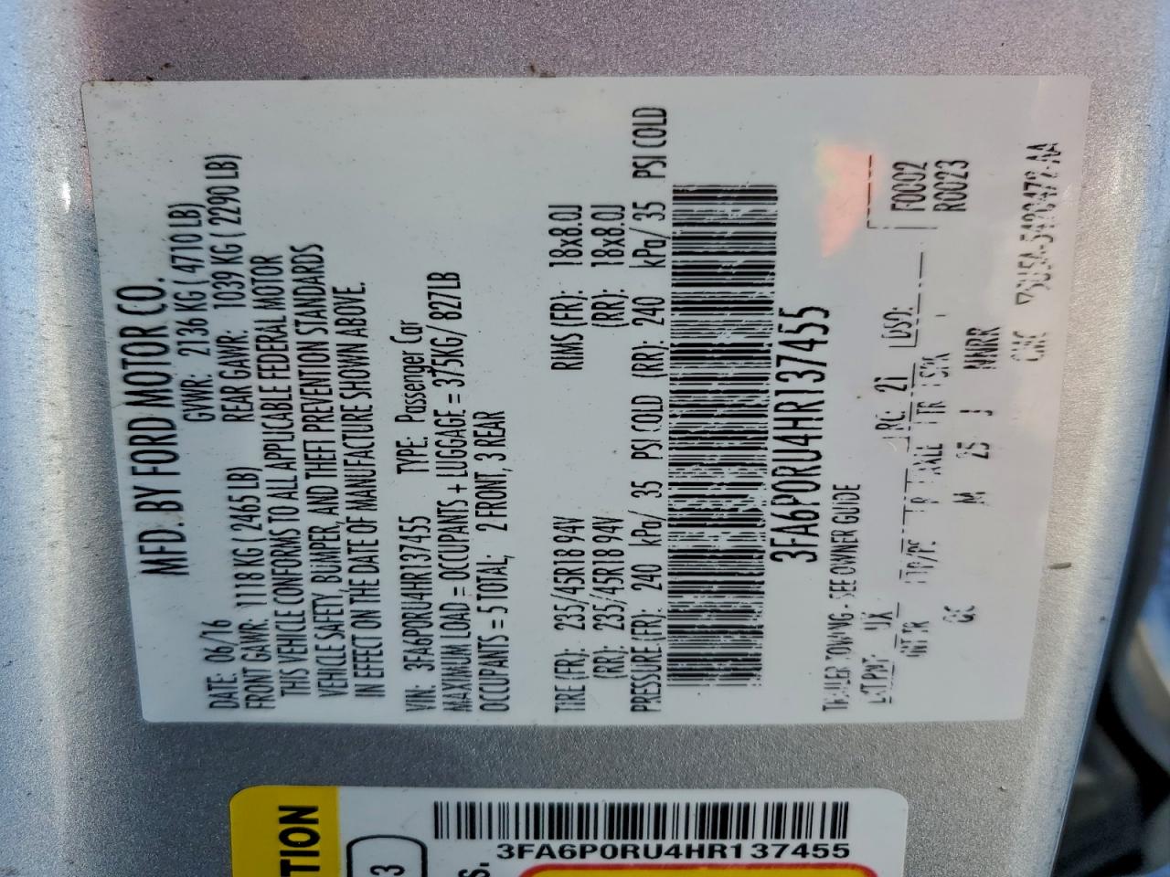 2017 Ford Fusion Titanium Hev VIN: 3FA6P0RU4HR137455 Lot: 94110205