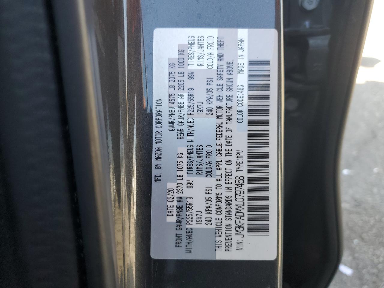 2020 Mazda Cx-5 Grand Touring VIN: JM3KFADMXL0797458 Lot: 91357205