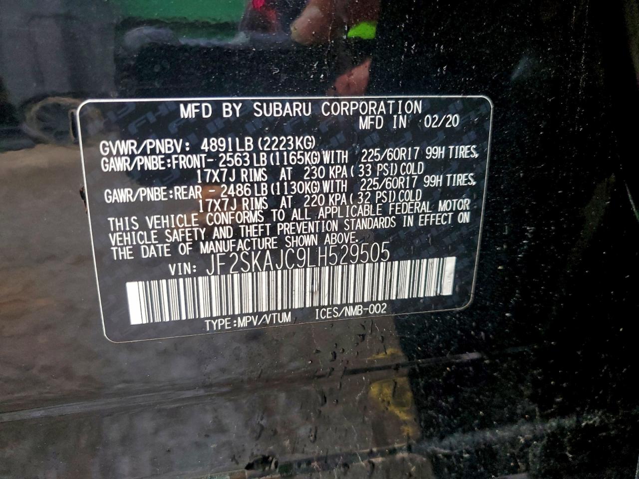 2020 Subaru Forester Premium VIN: JF2SKAJC9LH529505 Lot: 94055495