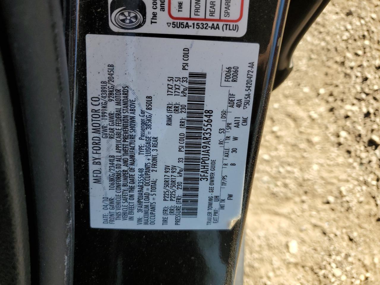 2010 Ford Fusion Sel VIN: 3FAHP0JA9AR355648 Lot: 92375265