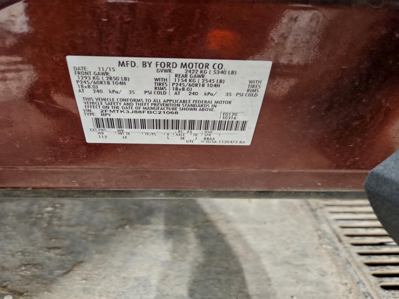 2015 Ford Edge Sel VIN: 2FMTK3J88FBC21068 Lot: 94160385