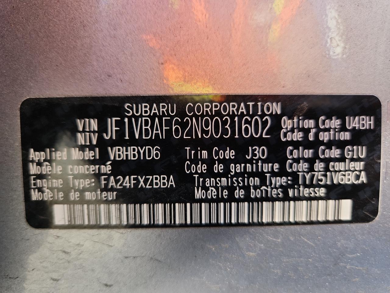 2022 Subaru Wrx Premium VIN: JF1VBAF62N9031602 Lot: 91496395