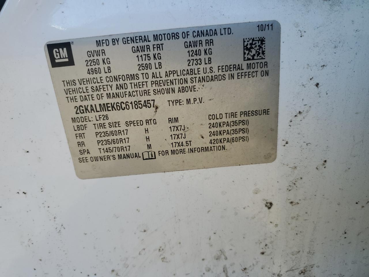 2012 GMC Terrain Sle VIN: 2GKALMEK6C6185457 Lot: 90842835