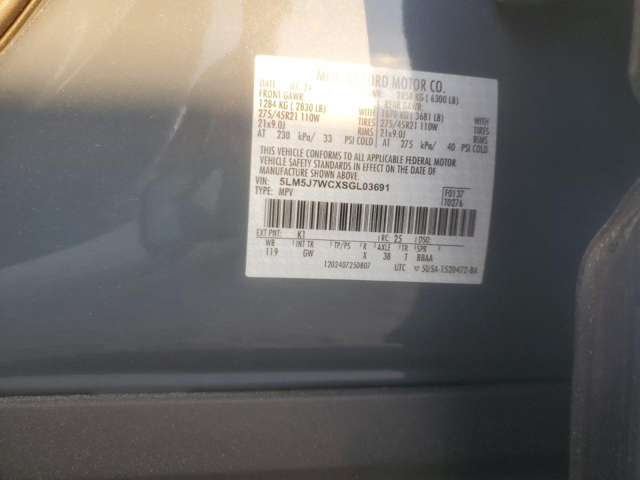 2025 Lincoln Aviator Reserve VIN: 5LM5J7WCXSGL03691 Lot: 91938275