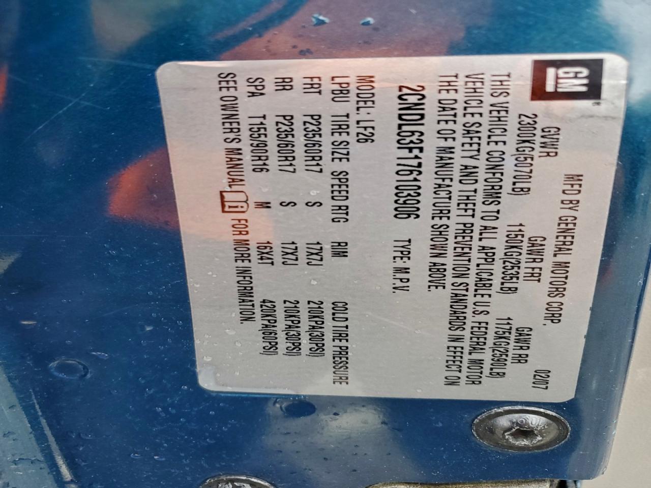 2007 Chevrolet Equinox Lt VIN: 2CNDL63F176103906 Lot: 94519495