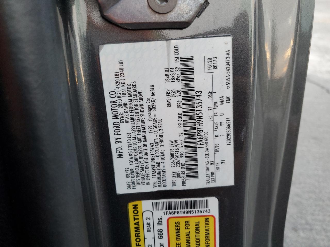 2022 Ford Mustang VIN: 1FA6P8TH9N5135743 Lot: 91079585