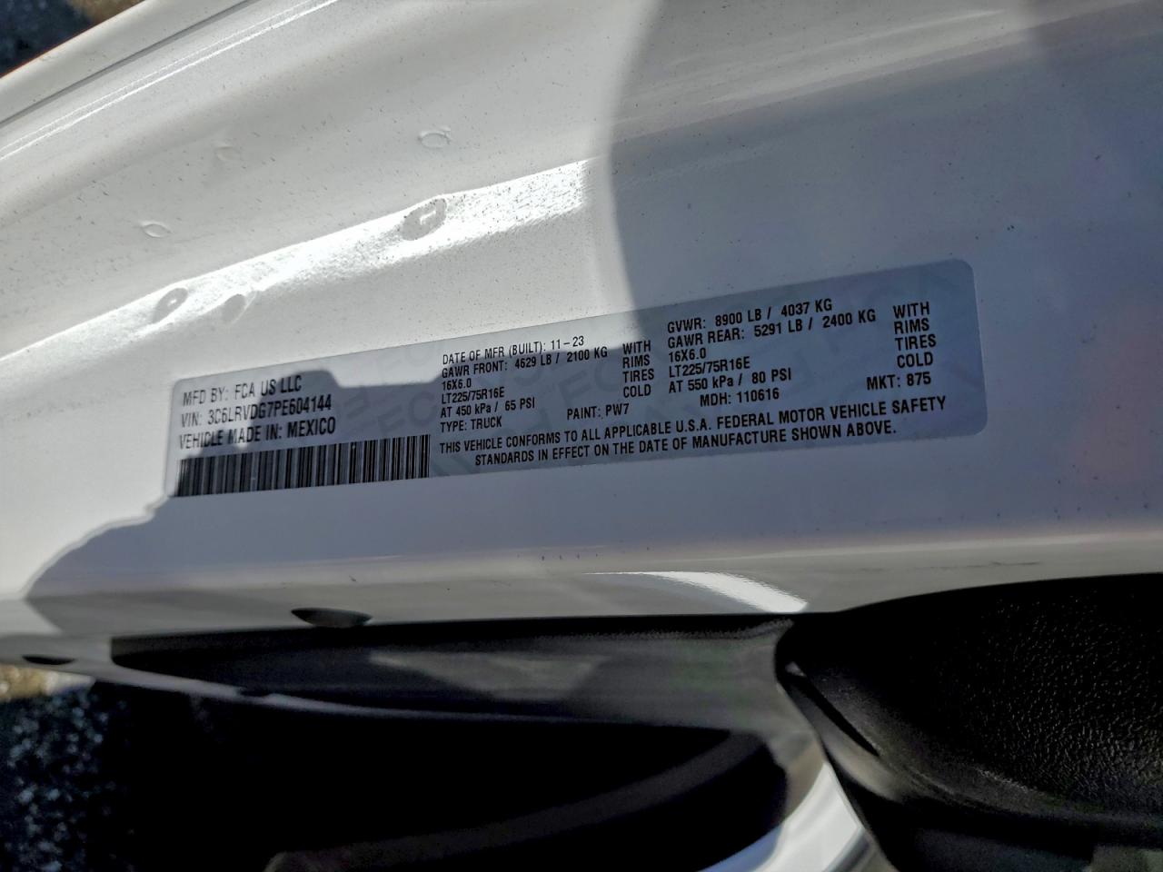 2023 Ram Promaster 2500 2500 High VIN: 3C6LRVDG7PE604144 Lot: 93067255